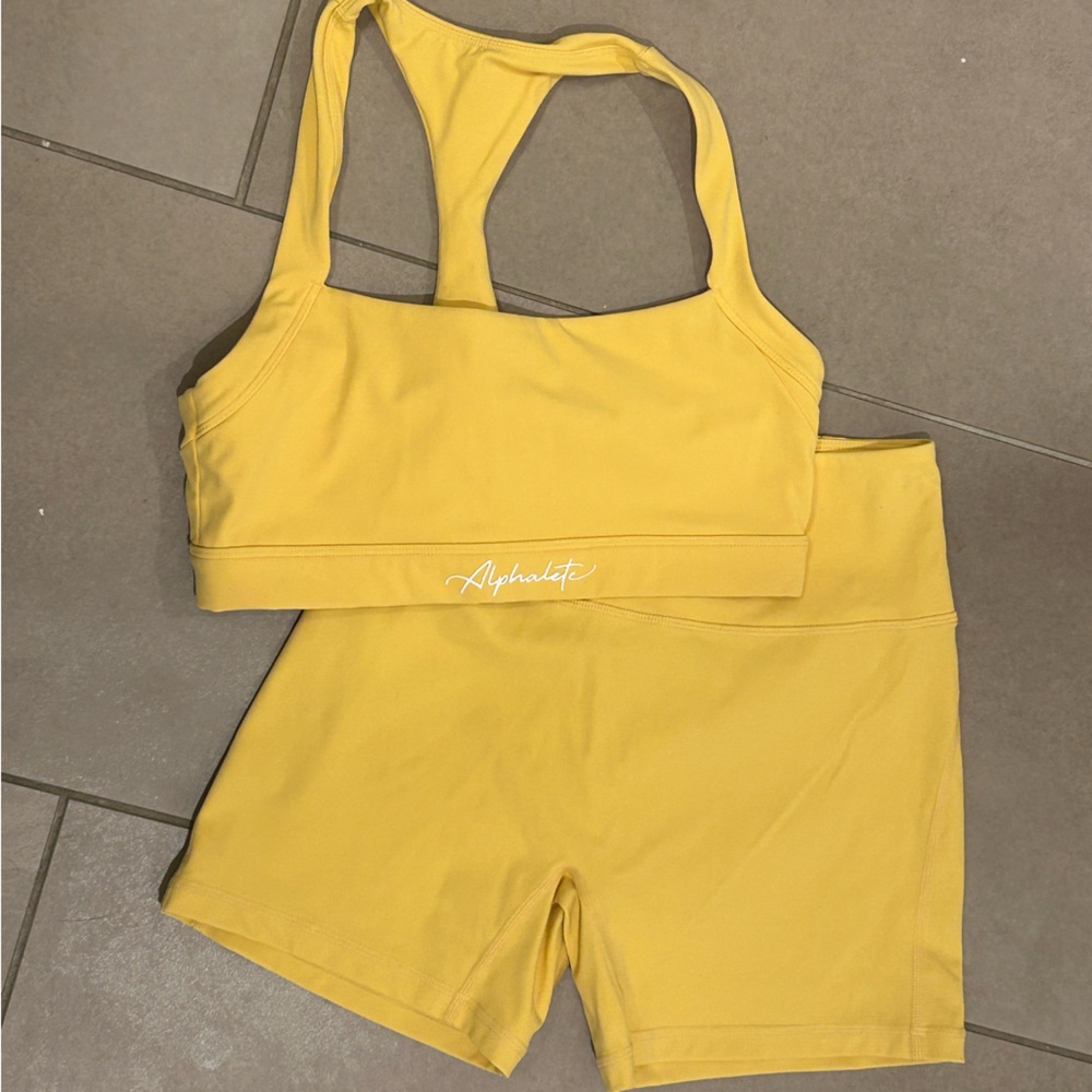 Yellow Alphalete Sports Bra and Shorts Set